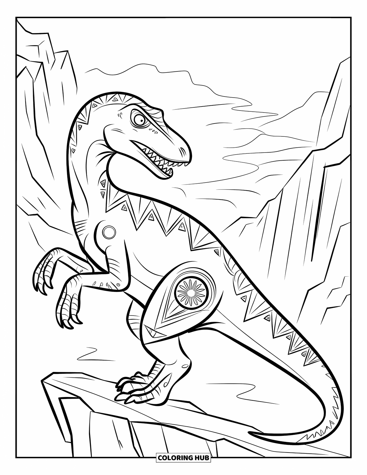 Dinosaur Kleurplaat voor Volwassenen: Een Velociraptor met geometrische ontwerpen zit op een rotsachtige richel boven een mistige vallei