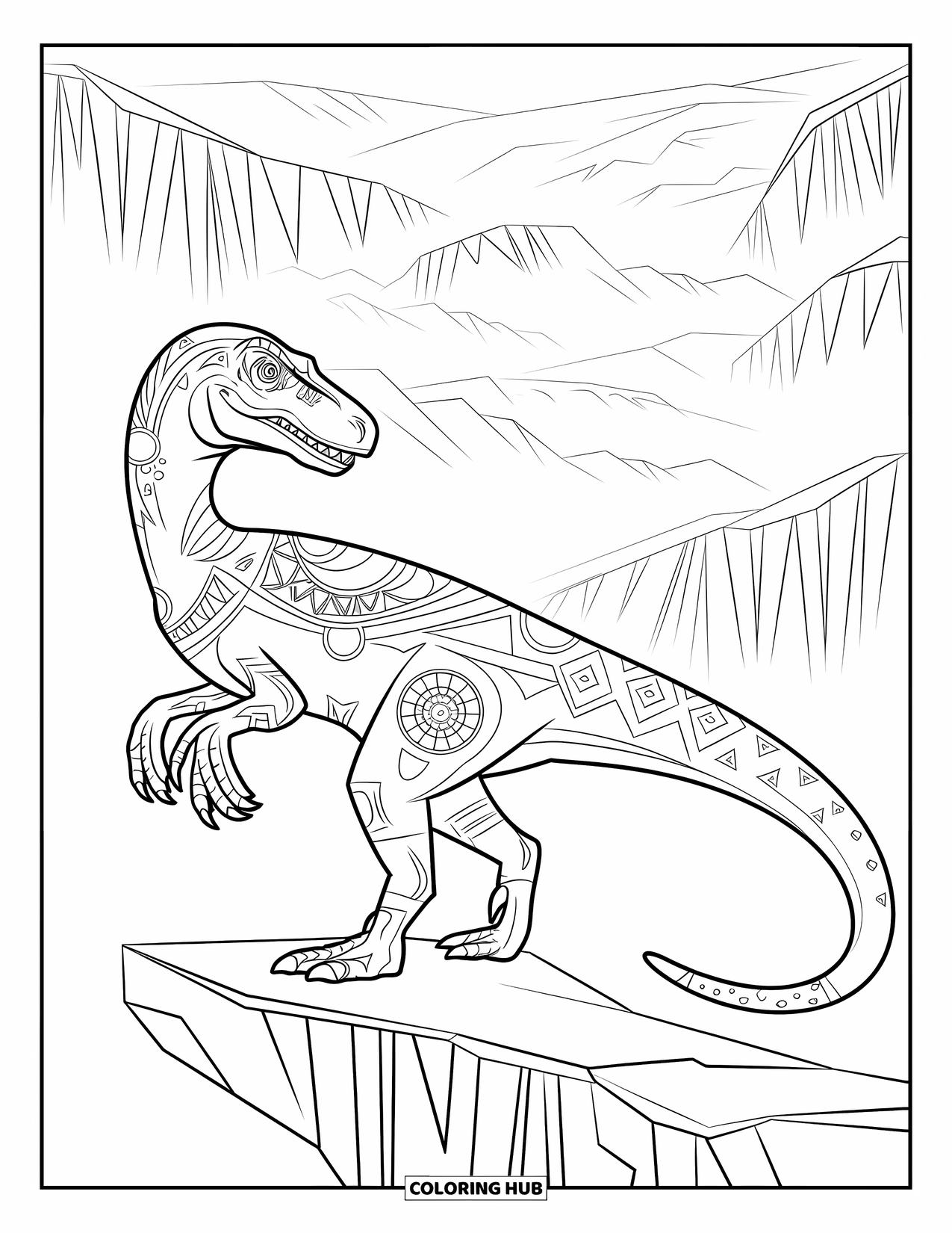 Dinosaurus Kleurplaat voor Volwassenen: Een Velociraptor met sierlijke ontwerpen zit boven een mistige vallei