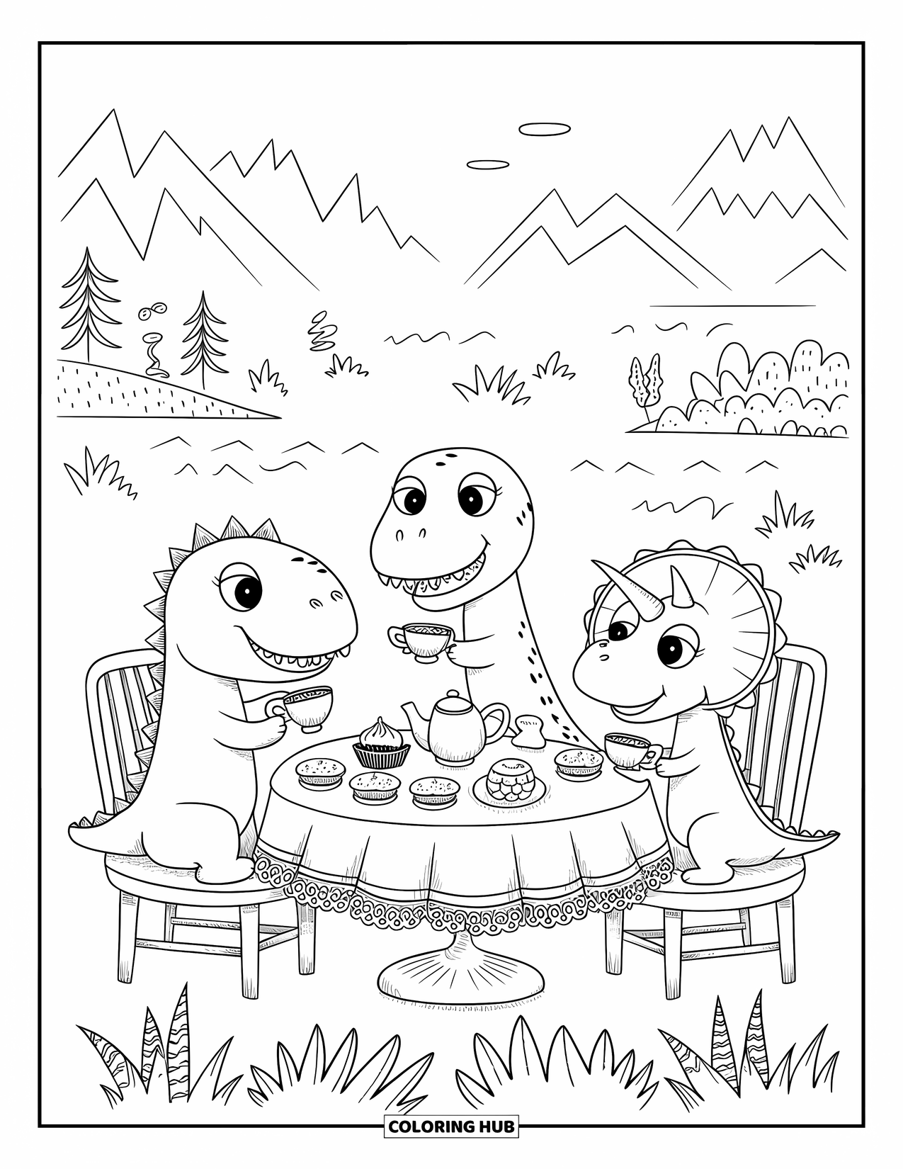 Dinosaur Kleurplaat voor Volwassenen: Kleine dino's genieten van thee en cupcakes aan een tafel met een kanten kleed