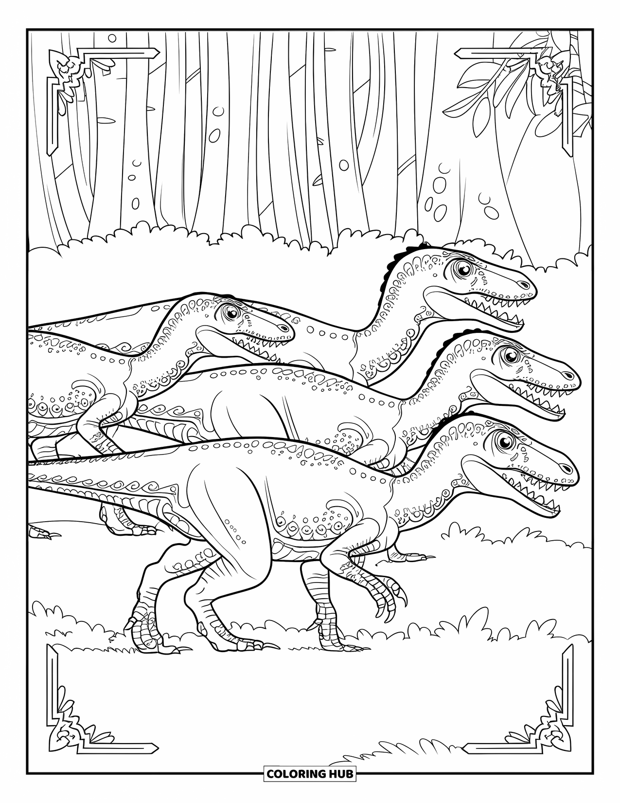Dinosaur Kleurplaat voor Volwassenen: Velociraptors met stippenwerk en patronen rennen door een jungle
