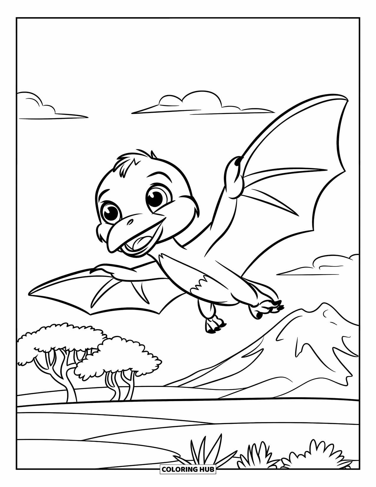 Dinosaurus Kleurplaat voor Kinderen: Een baby Pteranodon klappert vrolijk met zijn vleugels boven bomen en bergen