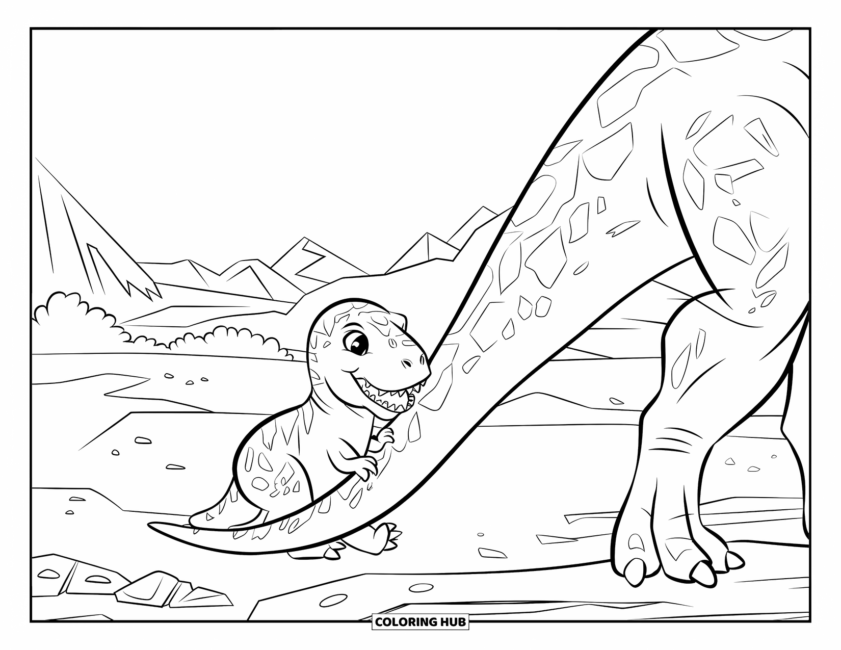 Dinosaur Kleurplaat voor Kinderen: Een baby T-Rex bijt in de staart van een grotere dinosaurus op een rotsachtig terrein