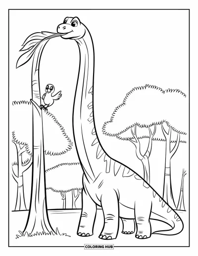Dinoszaurusz kifestő gyerekeknek: Egy Brachiosaurus faleveleket majszol, mellette egy madár üldögél
