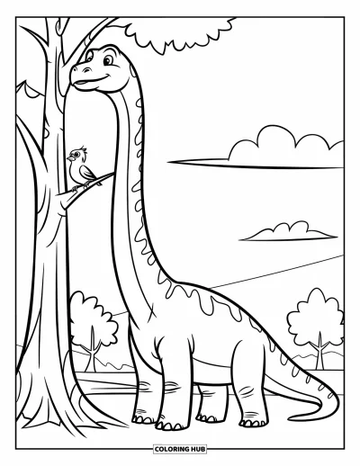 Dinoszaurusz kifestő gyerekeknek: Egy Brachiosaurus levelekért nyúl, miközben egy madár üldögél mellette