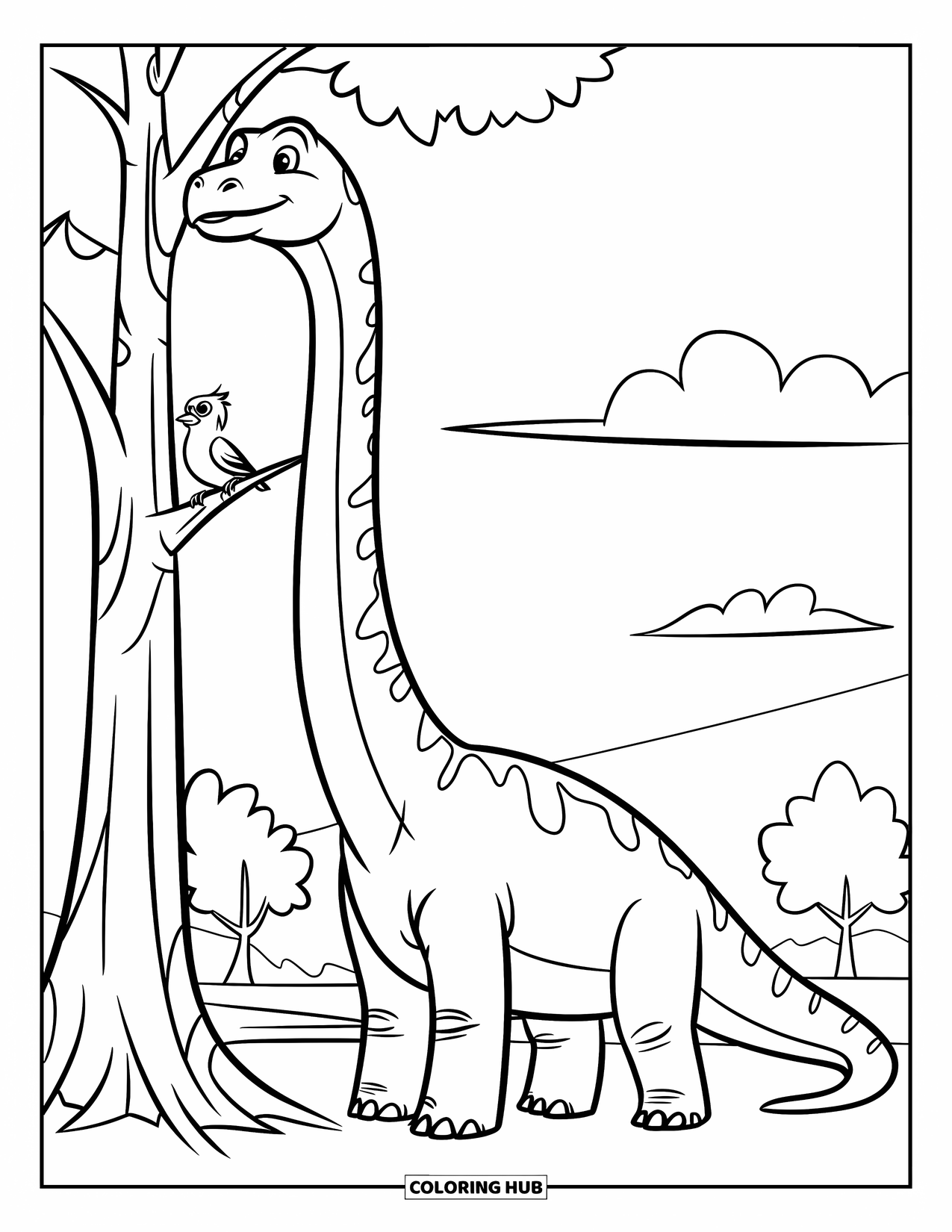 Dinosaur Kleurplaat voor Kinderen: Een Brachiosaurus reikt naar bladeren terwijl een vogel in de buurt zit