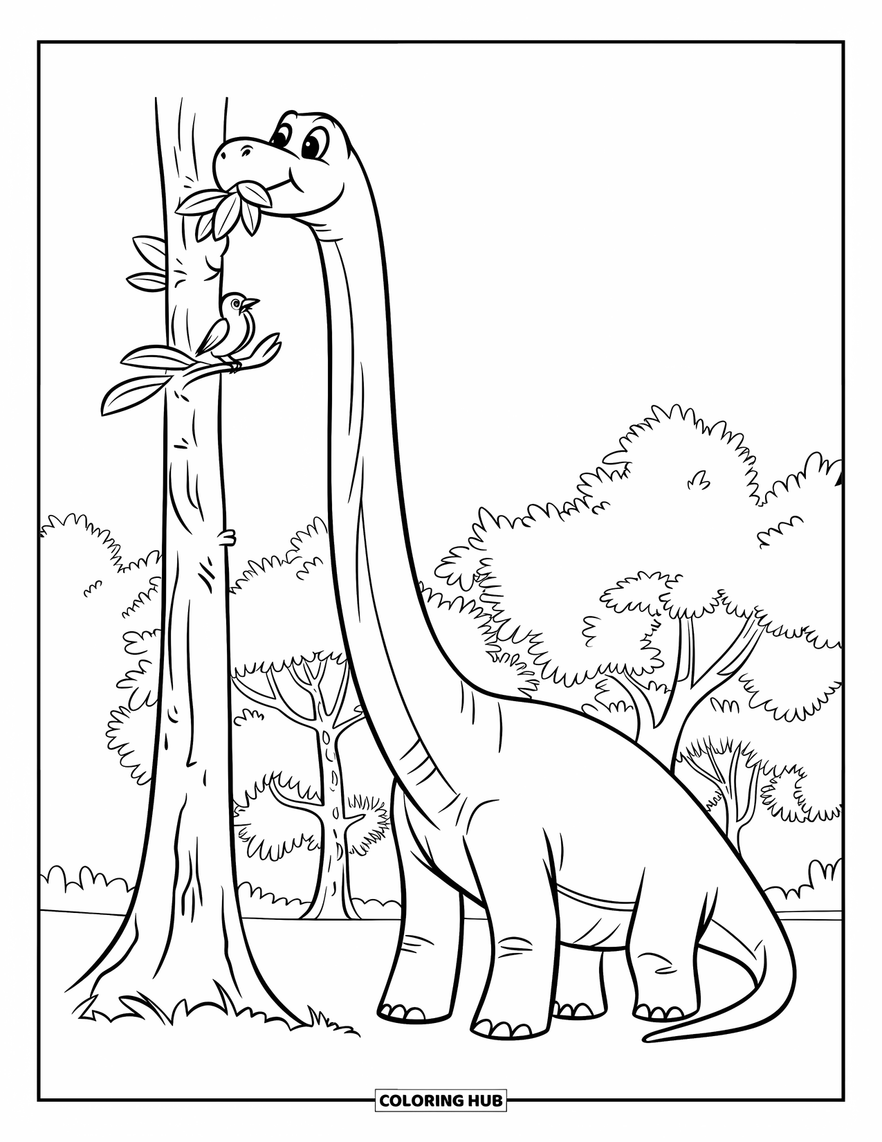 Dinosaurus Kleurplaat voor Kinderen: Een Brachiosaurus strekt zijn nek uit om bladeren van een hoge boom te eten