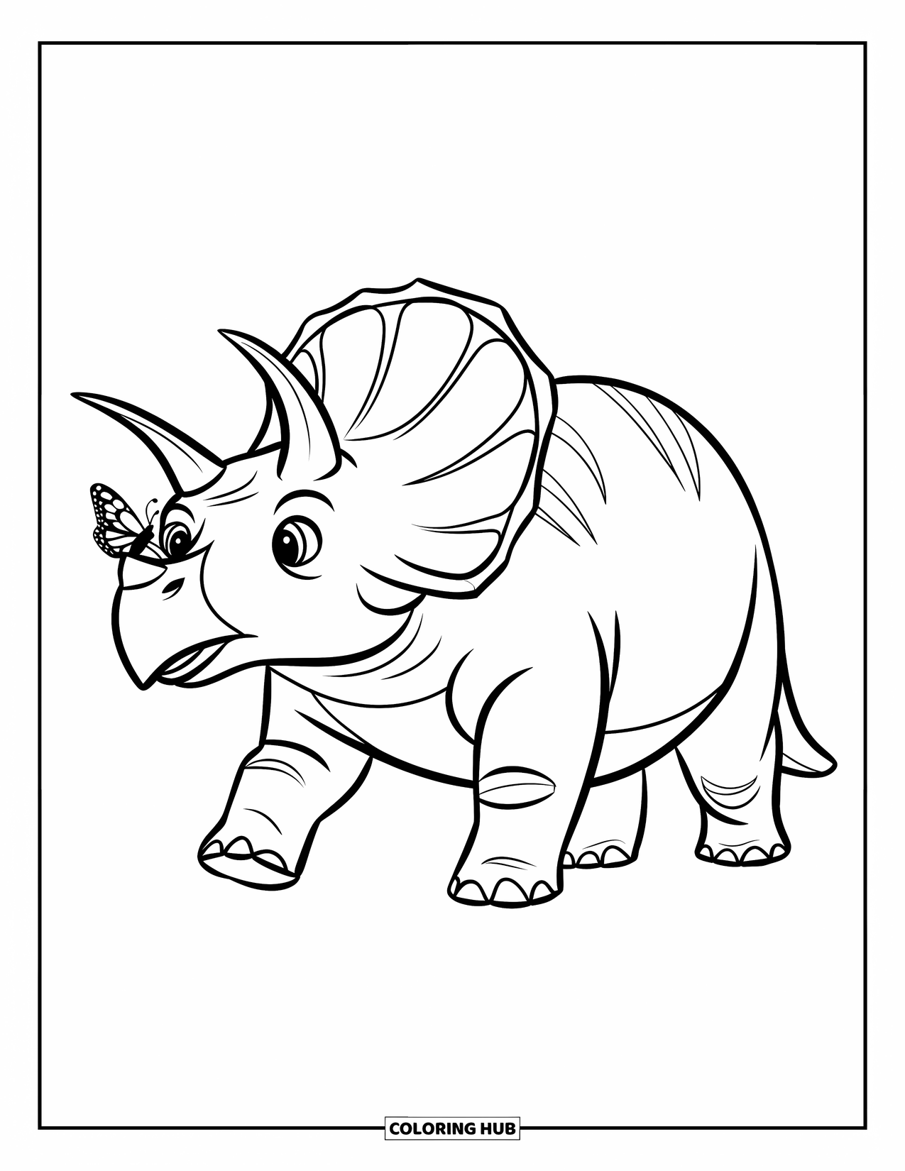 Dinosaurus Kleurplaat voor Kinderen: Een vlinder landt op de neus van een Triceratops terwijl hij langzaam loopt