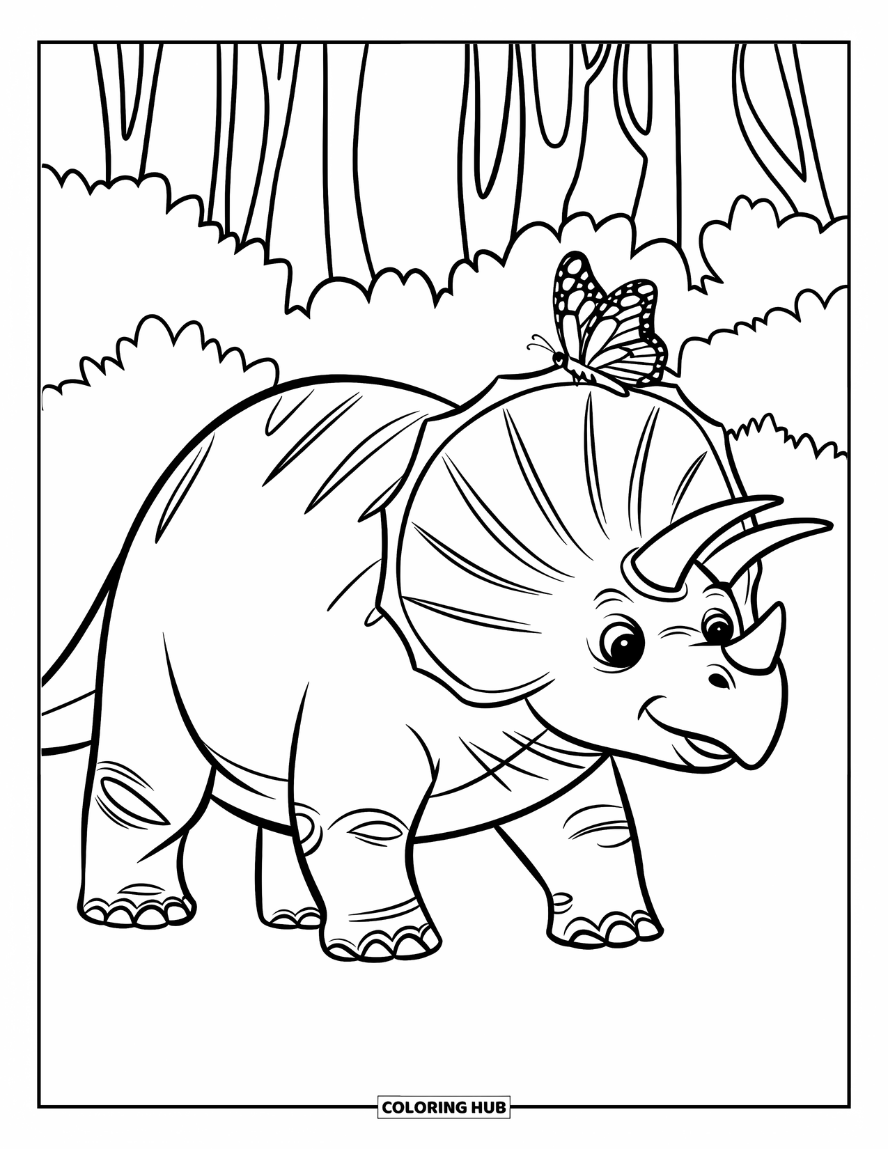 Dinosaur Kleurplaat voor Kinderen: Een vlinder zit op de neus van een Triceratops in een groen bos