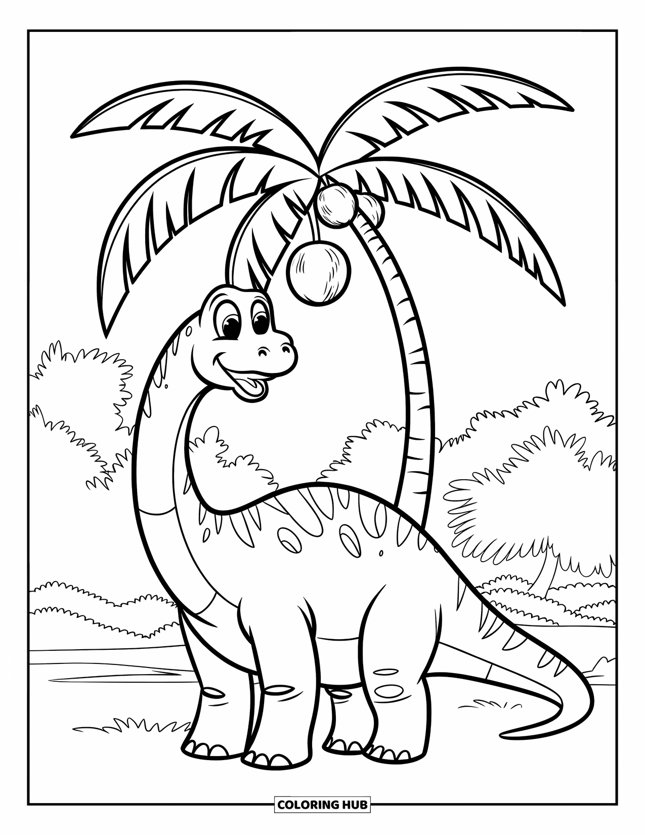 Dinosaur Kleurplaat voor Kinderen: Een vrolijke dinosaurus staat onder een palmboom met kokosnoten