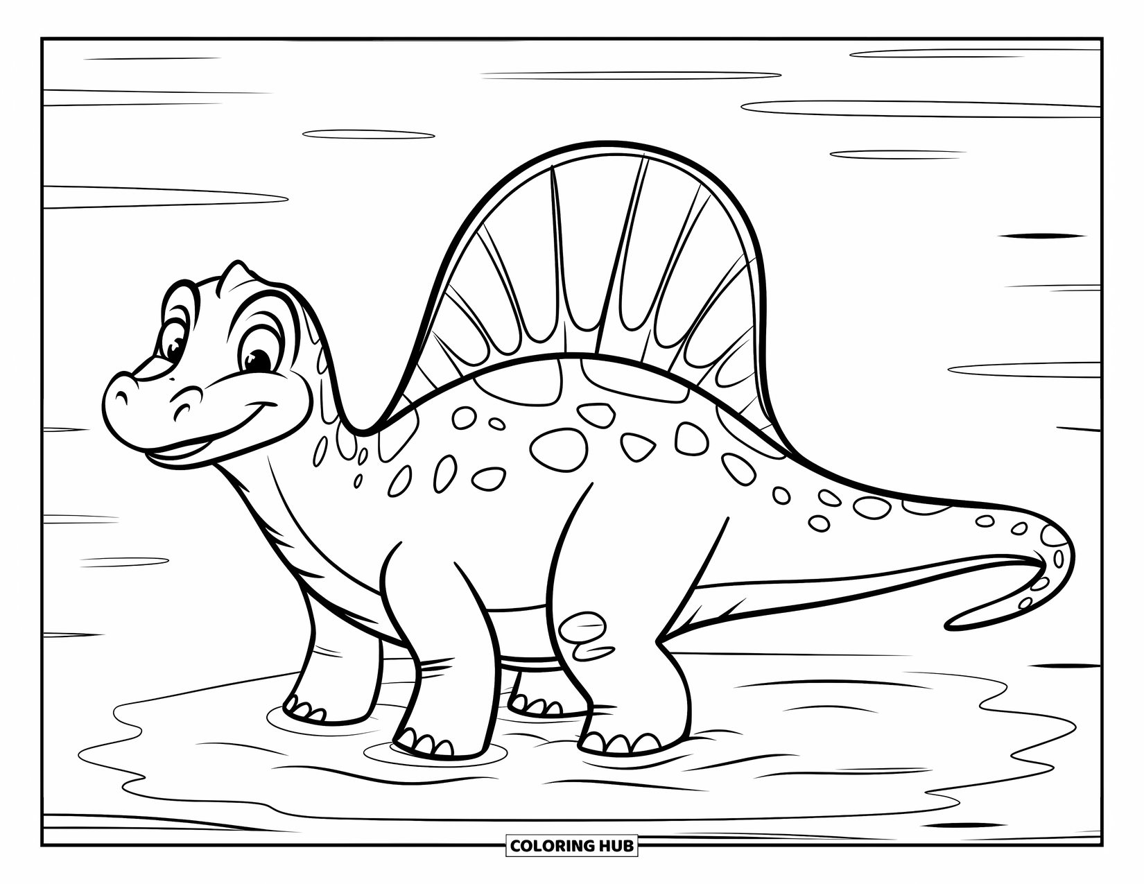 Dinosaurus Kleurplaat voor Kinderen: Een vrolijke Spinosaurus met een groot zeil waadt in ondiep water