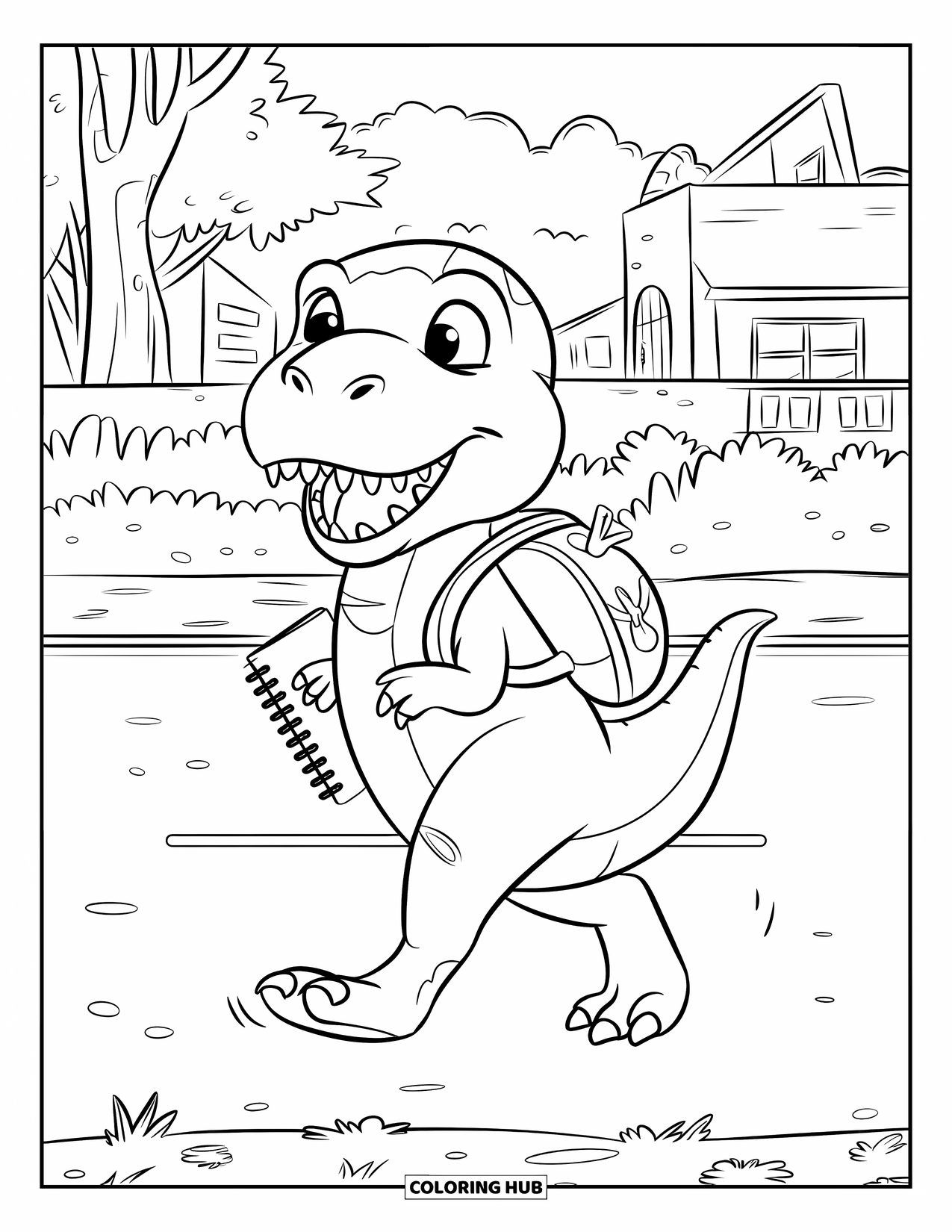 Dinosaurus Kleurplaat voor Kinderen: Een vrolijke T-Rex met een rugzak gaat naar school, met een notitieboek in de hand