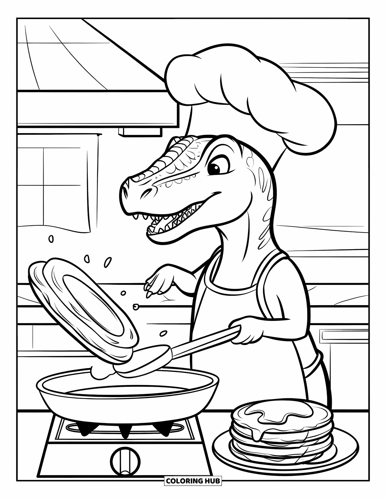 Dinosaurus Kleurplaat voor Kinderen: Een kok Spinosaurus bakt vrolijk een pannenkoek in een gezellige keuken