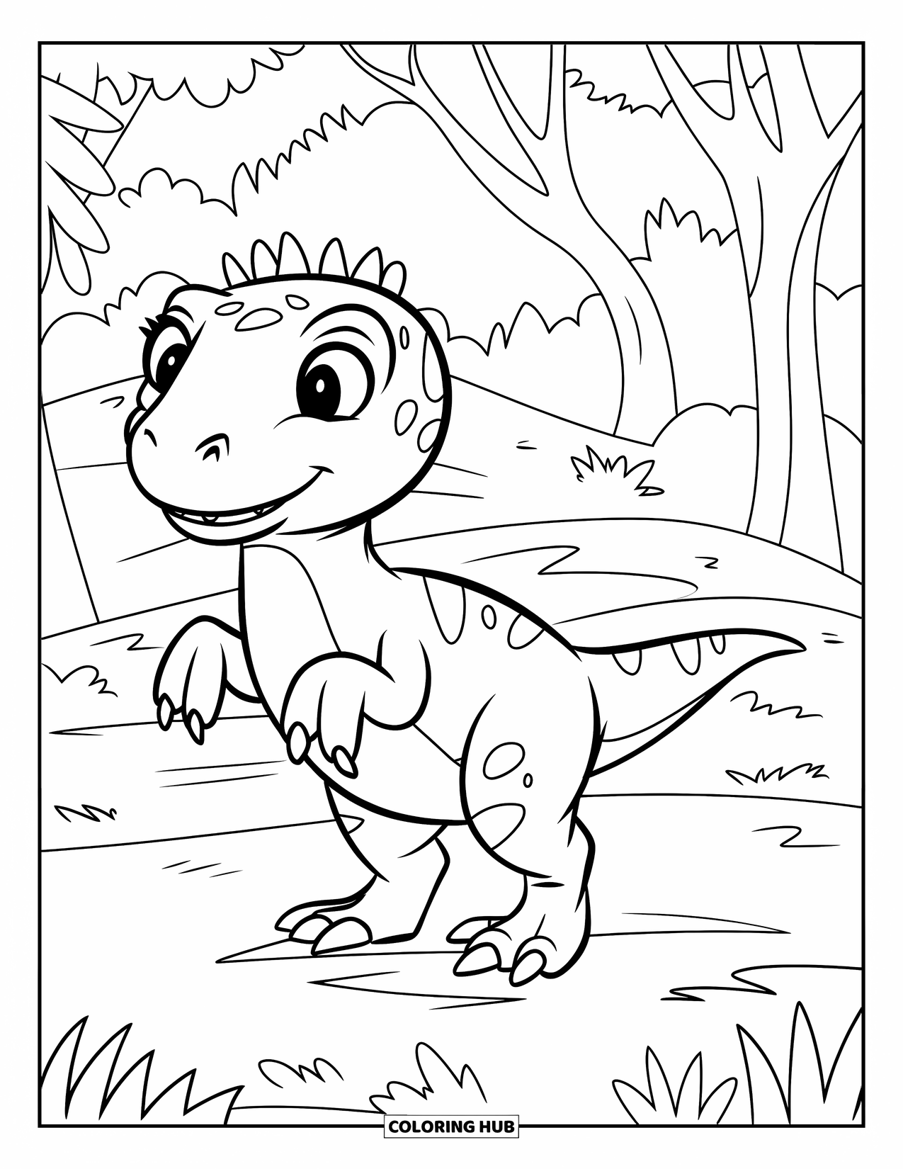 Dinosaurus Kleurplaat voor Kinderen: Een mollige Velociraptor staat op gras met een paar bomen erachter