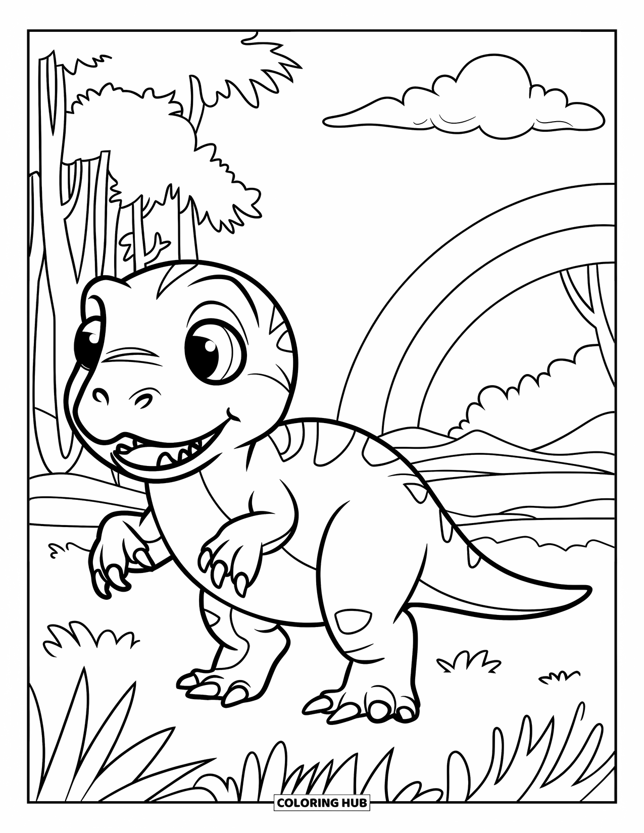 Dinosaurus Kleurplaat voor Kinderen: Een mollige Velociraptor staat onder een regenboog met bomen en wolken