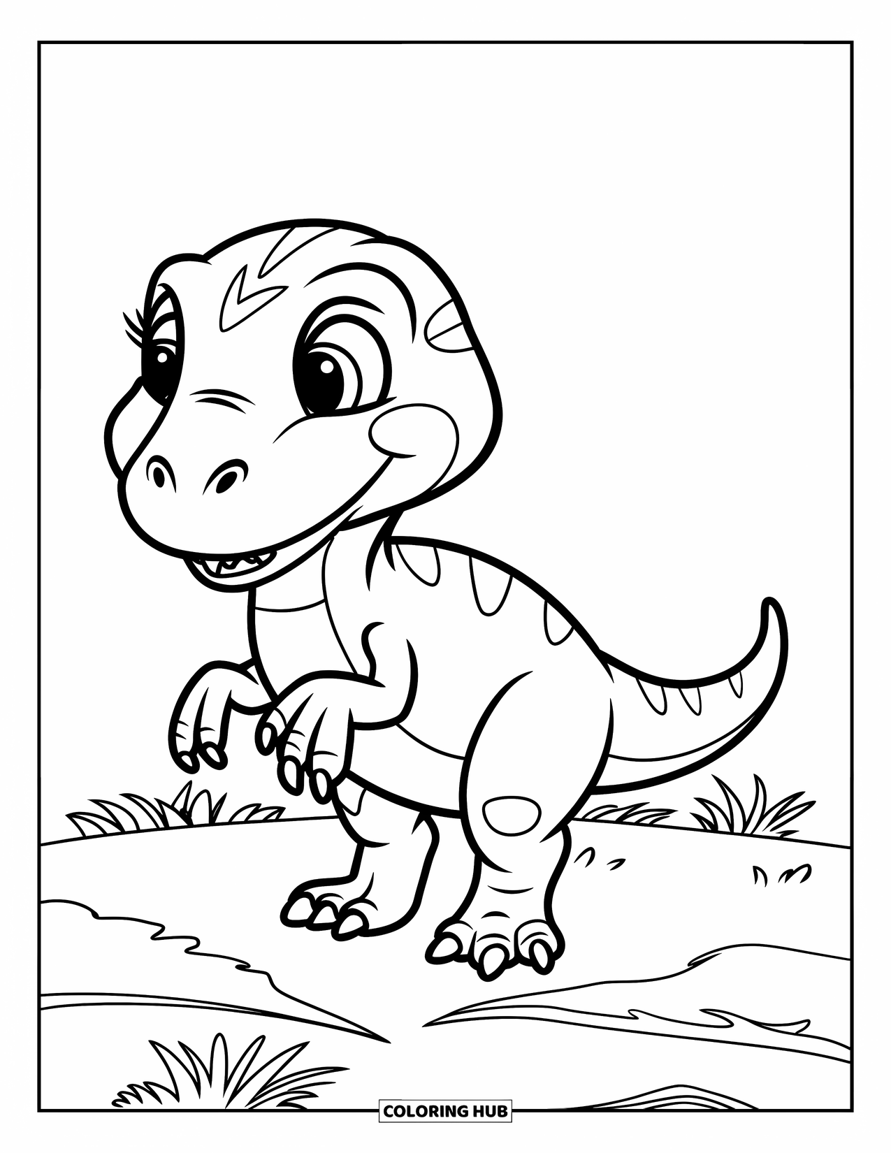 Dinosaur Kleurplaat voor Kinderen: Een mollige Velociraptor met kleine klauwen staat op een grasveld