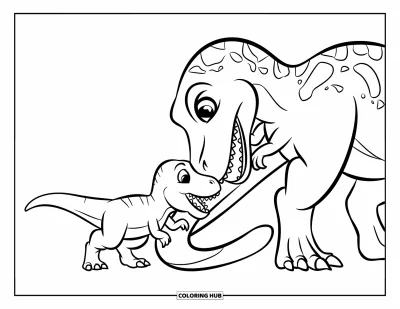 Dinoszaurusz kifestő gyerekeknek: Egy kíváncsi T-Rex kölyök beleharap egy nagyobb dinó farkába