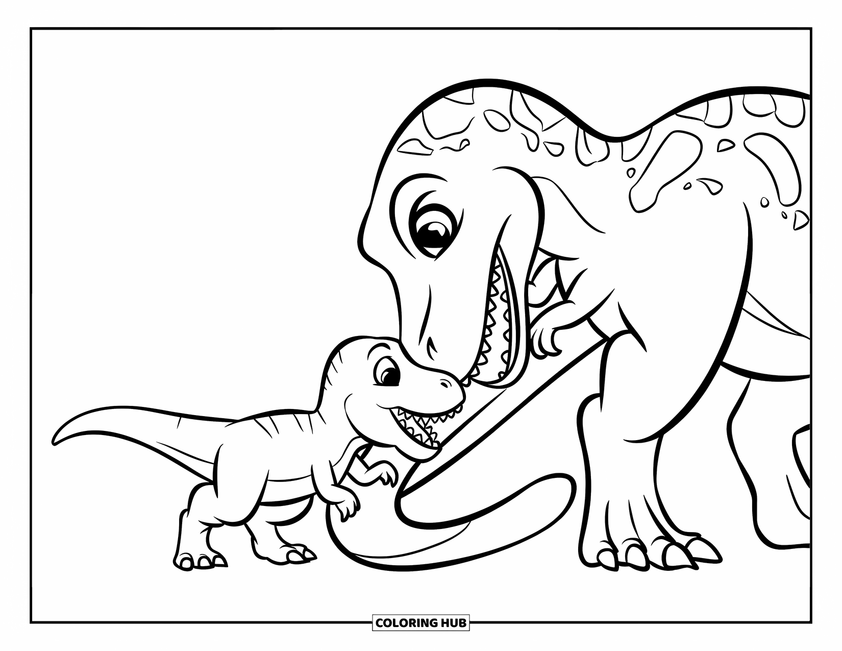 Dinosaurus Kleurplaat voor Kinderen: Een nieuwsgierige baby T-Rex bijt in de staart van een grotere dinosaurus
