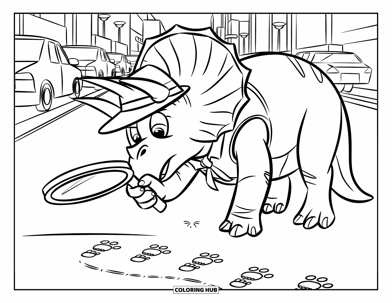 Dinosaurus Kleurplaat voor Kinderen: Een detective Triceratops inspecteert voetafdrukken met een vergrootglas