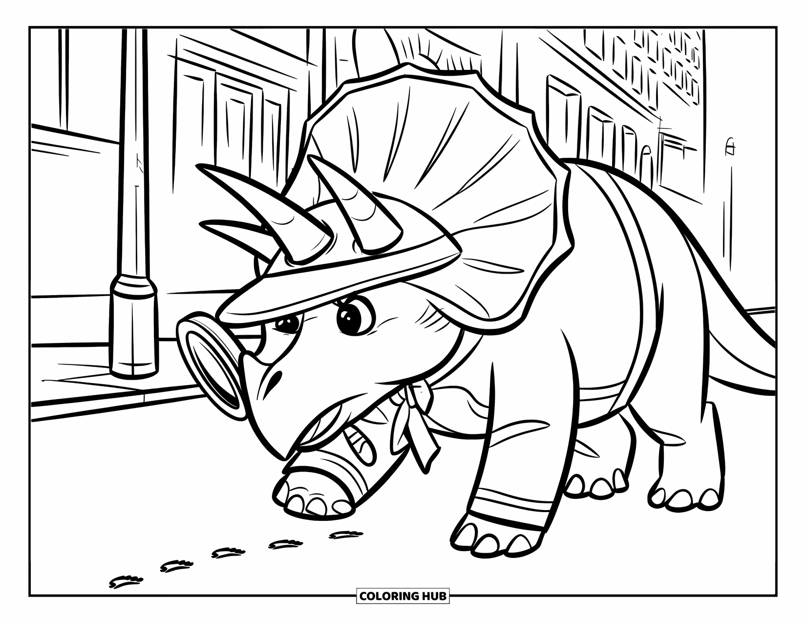 Dinosaur Kleurplaat voor Kinderen: Een detective Triceratops bestudeert kleine voetafdrukken in een stadsstraat