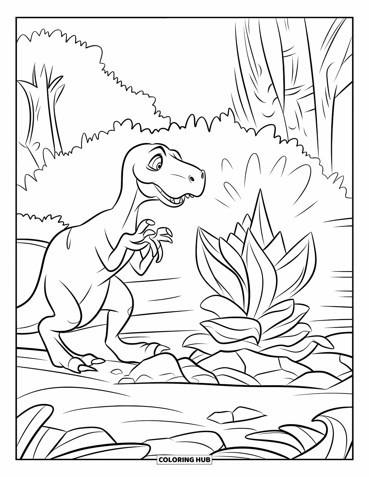 Dinosaurus Kleurplaat voor Kinderen: Een dinosaurus nadert voorzichtig een gloeiende plant in een bos
