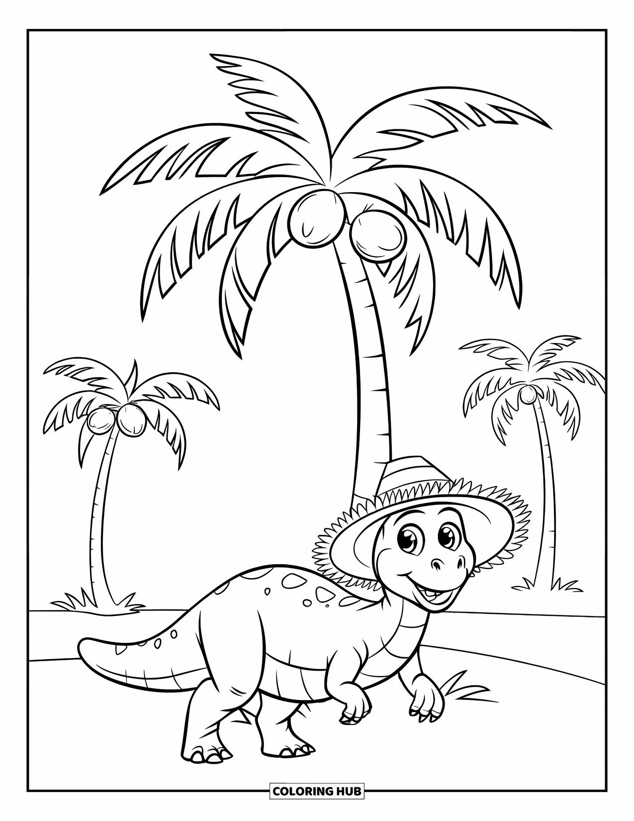 Dinosaurus Kleurplaat voor Kinderen: Een dinosaurus met een strohoed staat onder een palmboom met kokosnoten