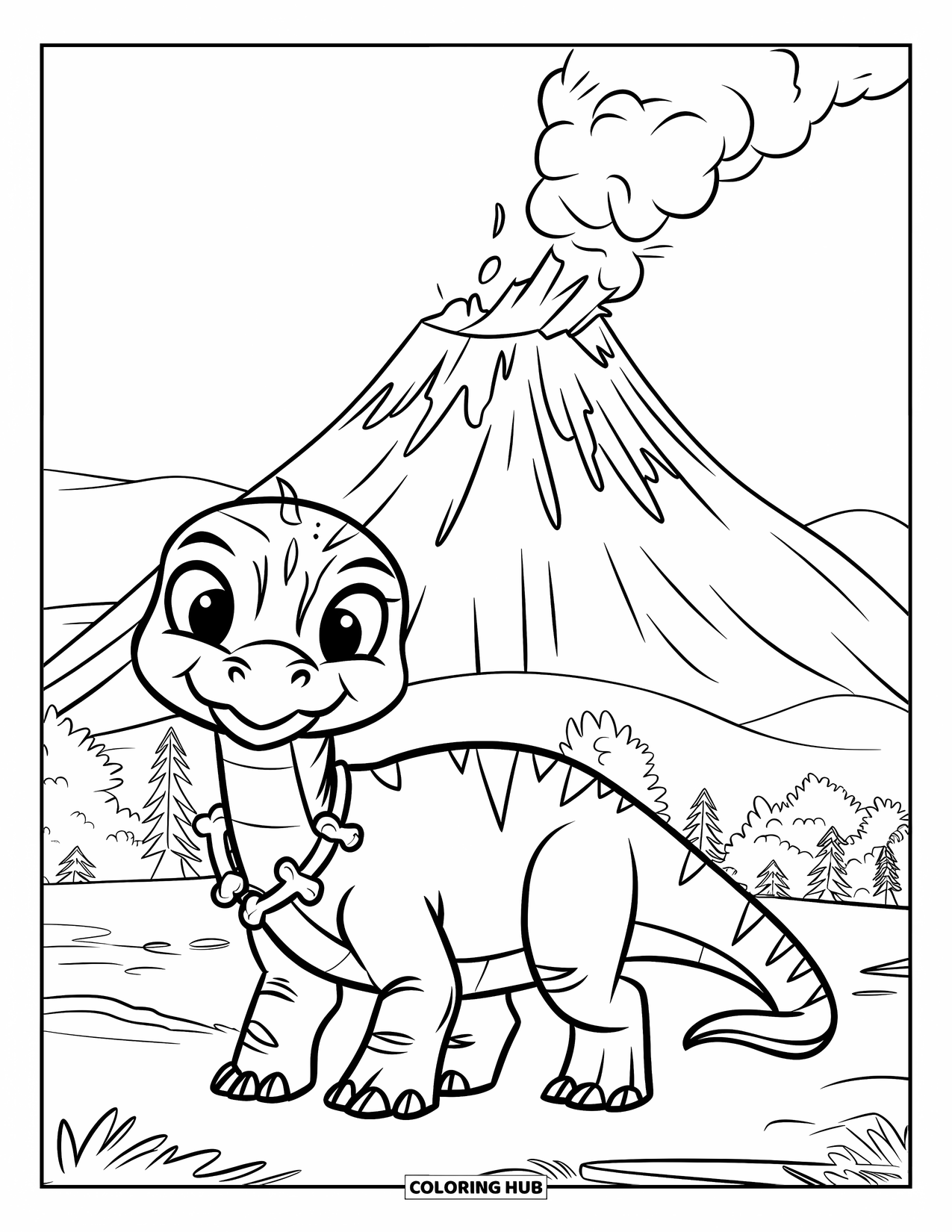 Dinosaurus Kleurplaat voor Kinderen: Een dinosaurus met een vriendelijke uitdrukking staat voor een rokende vulkaan