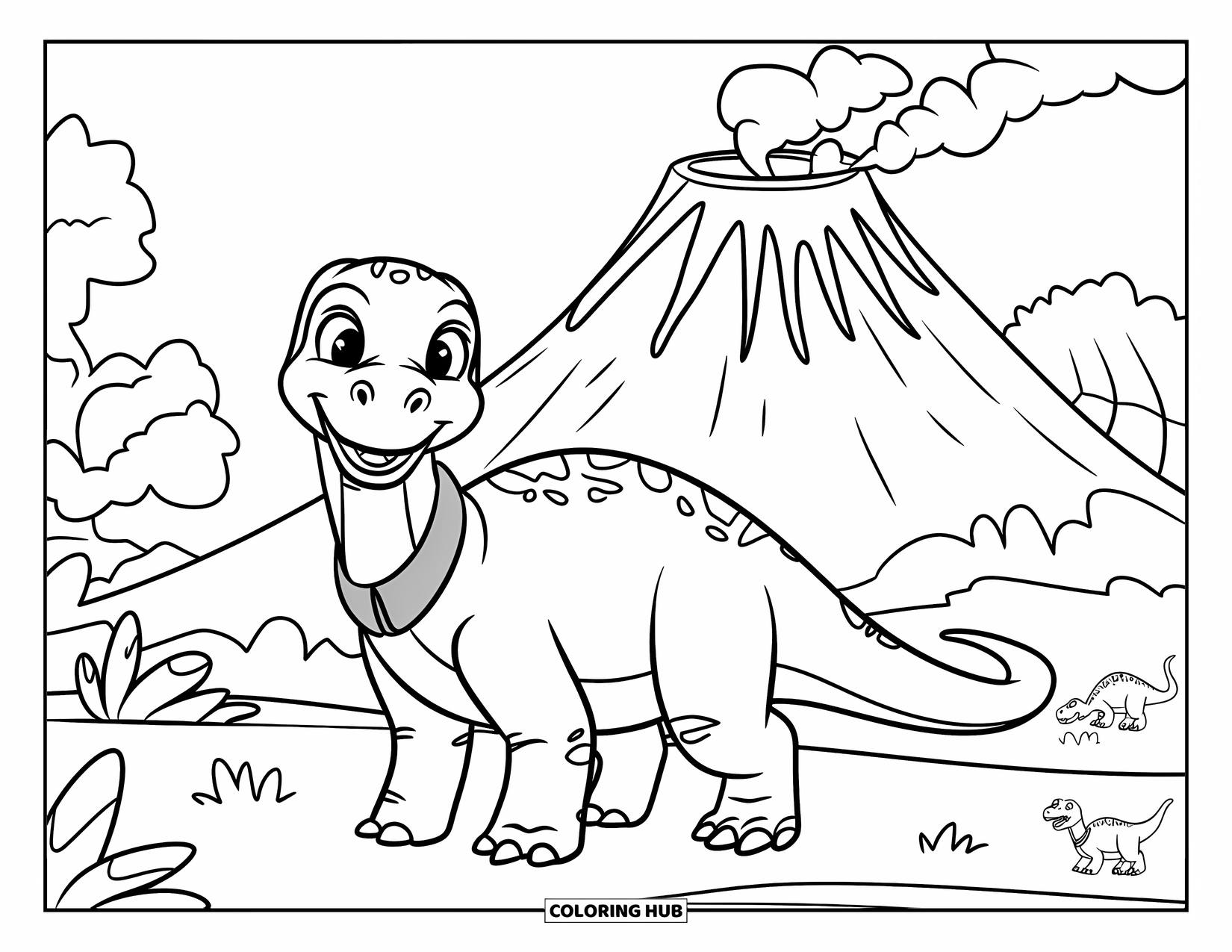 Dinosaur Kleurplaat voor Kinderen: Een dinosaurus met een gele halsband lacht naast een vulkaan en kleinere dinosaurussen