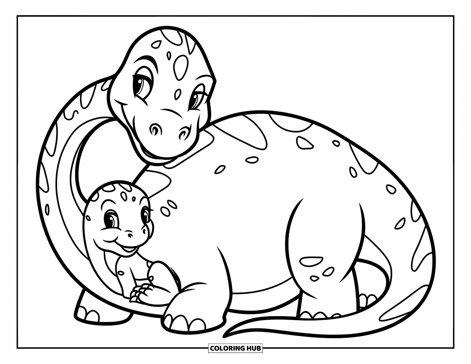 Dinosaur Kleurplaat voor Kinderen: Een Diplodocus beschermt voorzichtig een baby dinosaurus met zijn staart