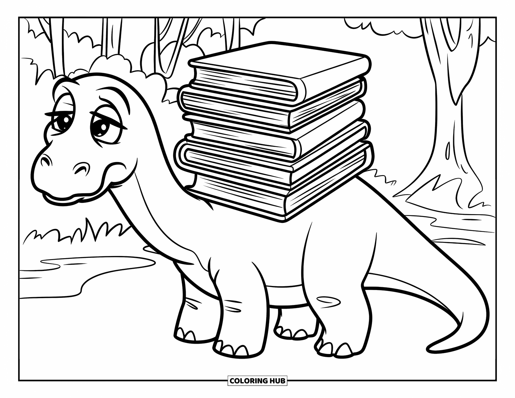 Dinosaur Kleurplaat voor Kinderen: Een Diplodocus worstelt om boeken op zijn rug in evenwicht te houden bij de bomen