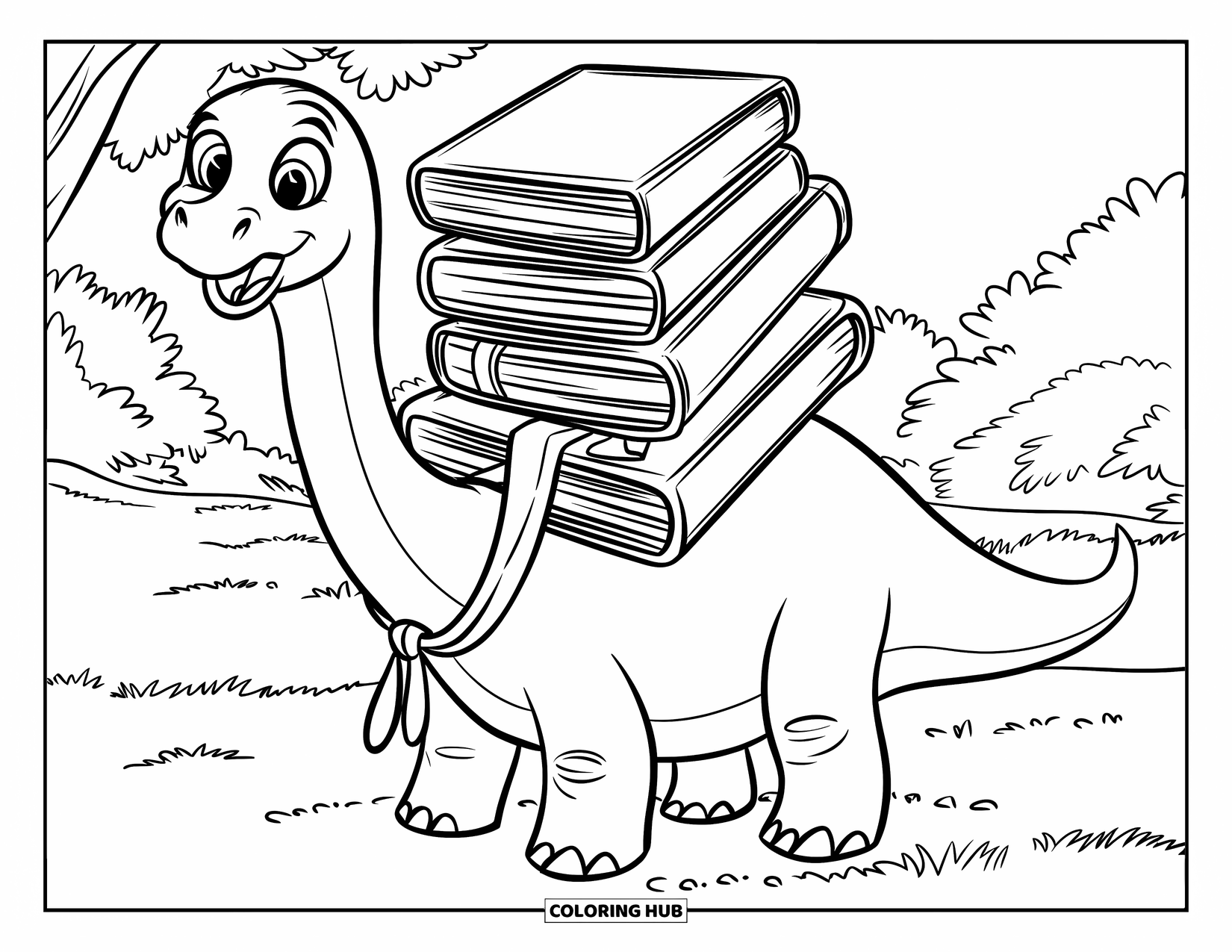 Dinosaurus Kleurplaat voor Kinderen: Een Diplodocus met een stropdas draagt boeken op zijn nek en glimlacht breed