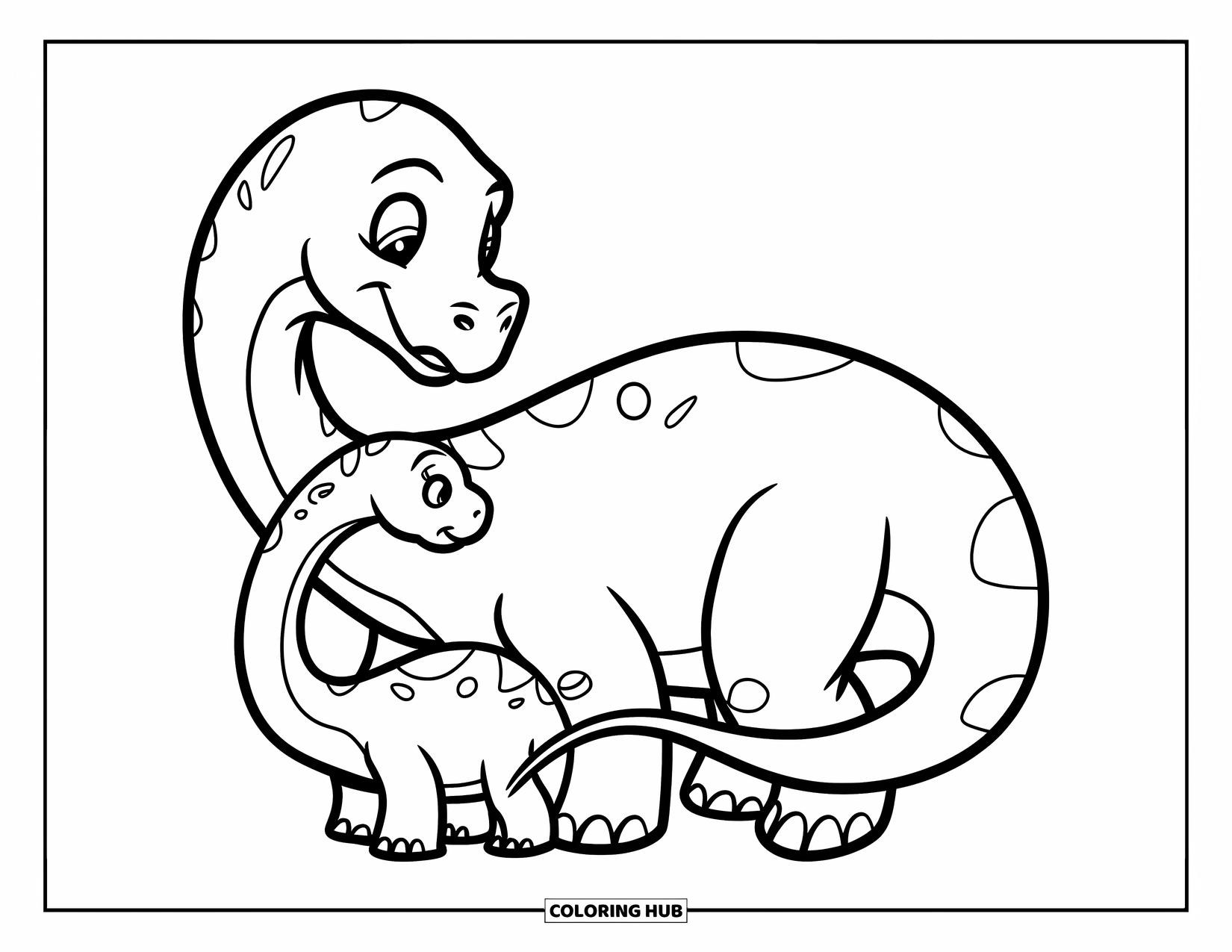 Dinosaurus Kleurplaat voor Kinderen: Een Diplodocus wikkelt zijn staart beschermend om een baby dinosaurus