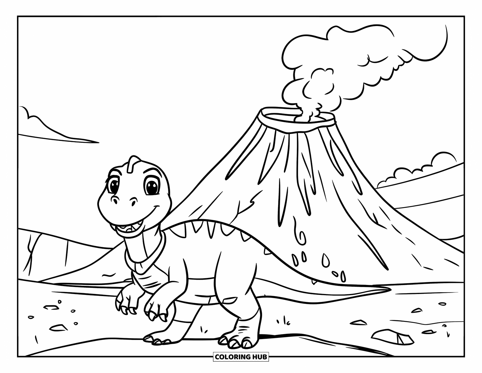 Dinosaurus Kleurplaat voor Kinderen: Een vrolijke dinosaurus in een groene outfit staat bij een rokerige vulkaan