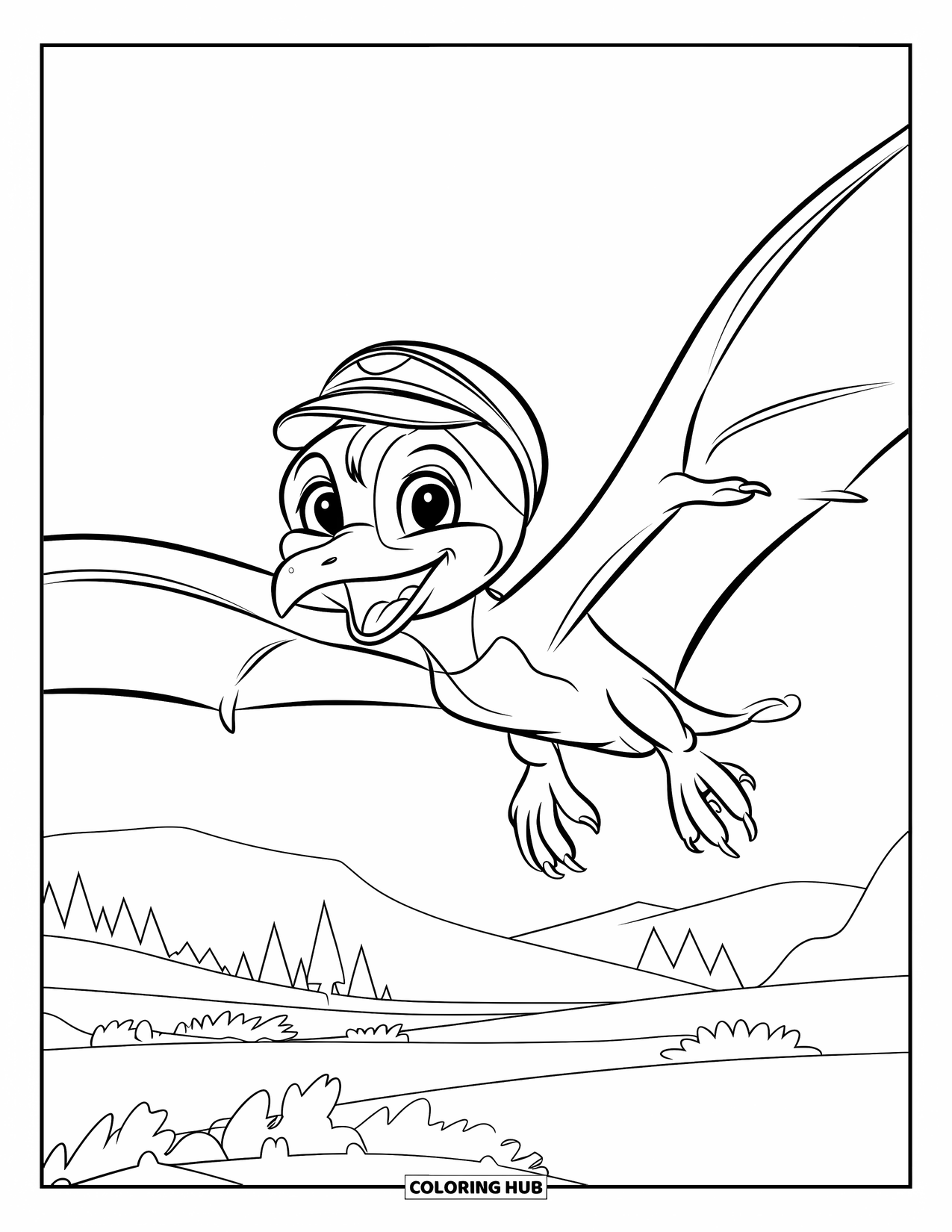Dinosaur Kleurplaat voor Kinderen: Een vrolijk Pteranodon-kuiken fladdert met zijn vleugels boven een eenvoudig landschap