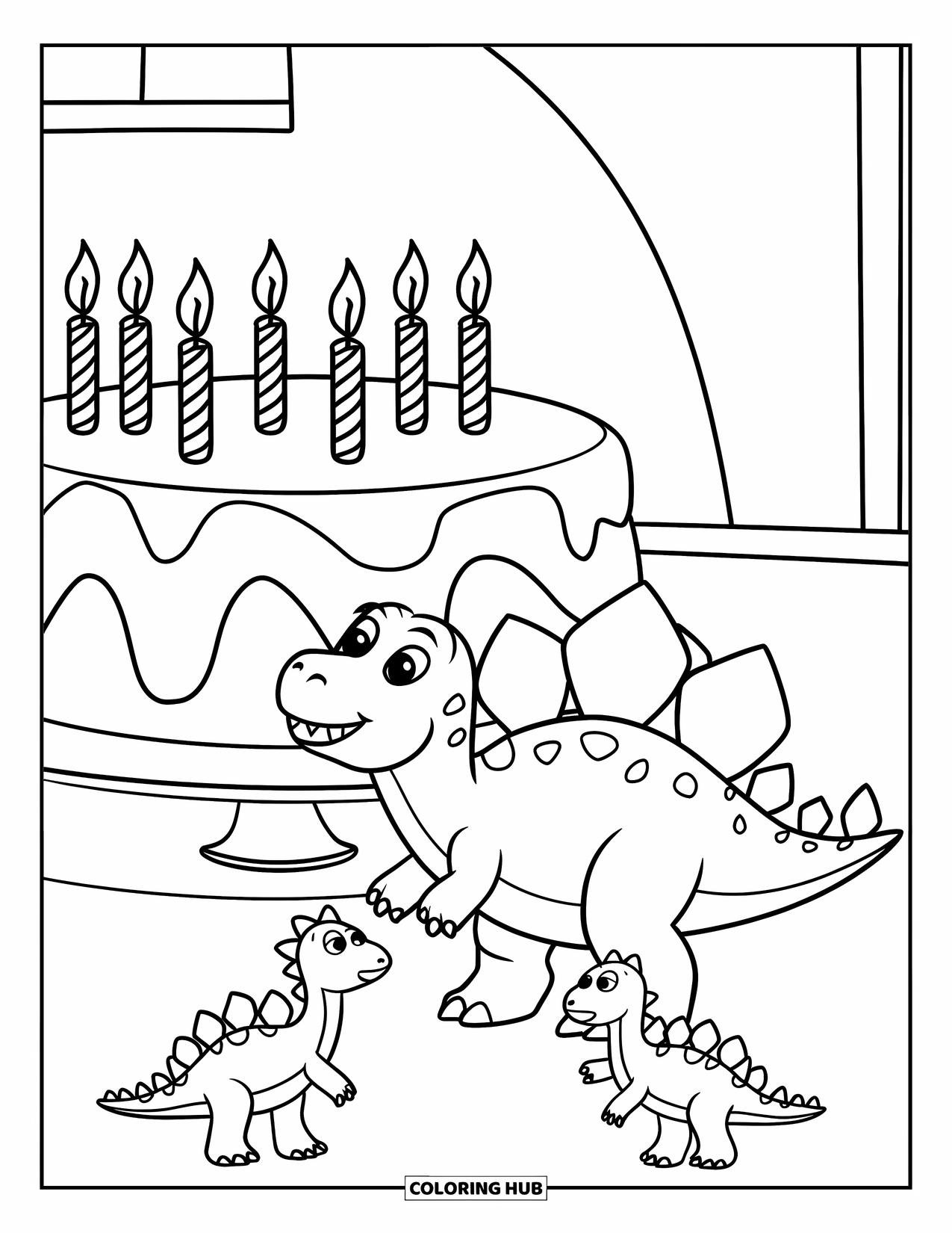 Dinosaurus Kleurplaat voor Kinderen: Een vrolijke Stegosaurus doet een wens terwijl hij kaarsjes uitblaast op een taart