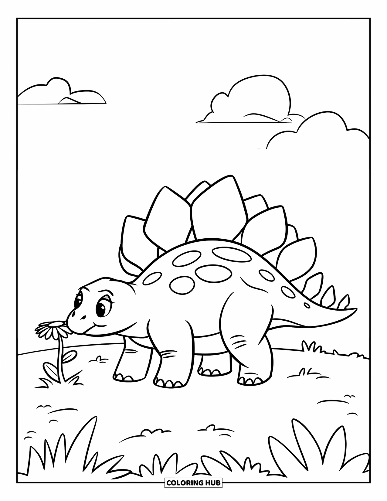 Dinosaur Kleurplaat voor Kinderen: Een vrolijke Stegosaurus ruikt aan een bloem onder een heldere hemel