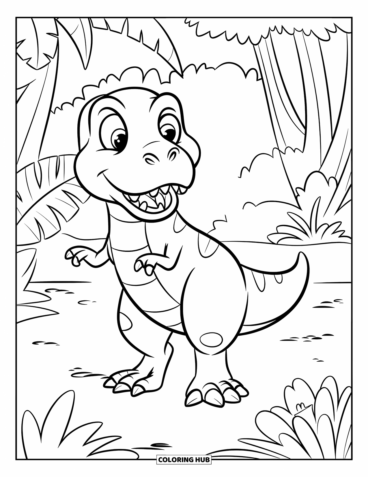 Dinosaurus Kleurplaat voor Kinderen: Een vrolijke T-Rex zwaait naar een insect in een jungle
