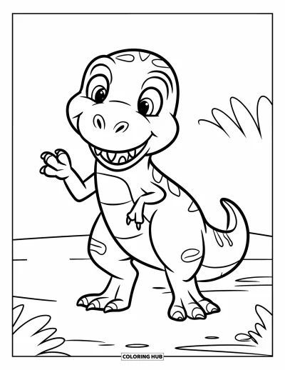 Dinoszaurusz kifestő gyerekeknek: Egy boldog T-Rex integet egy apró bogárnak a földön