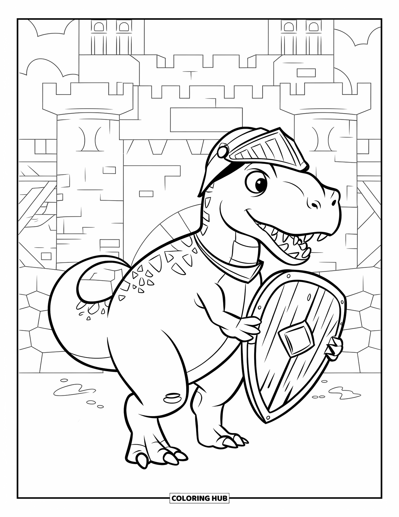 Dinosaurus Kleurplaat voor Kinderen: Een Ankylosaurus met een helm doet zich voor als een ridder bij een kasteel met vrienden