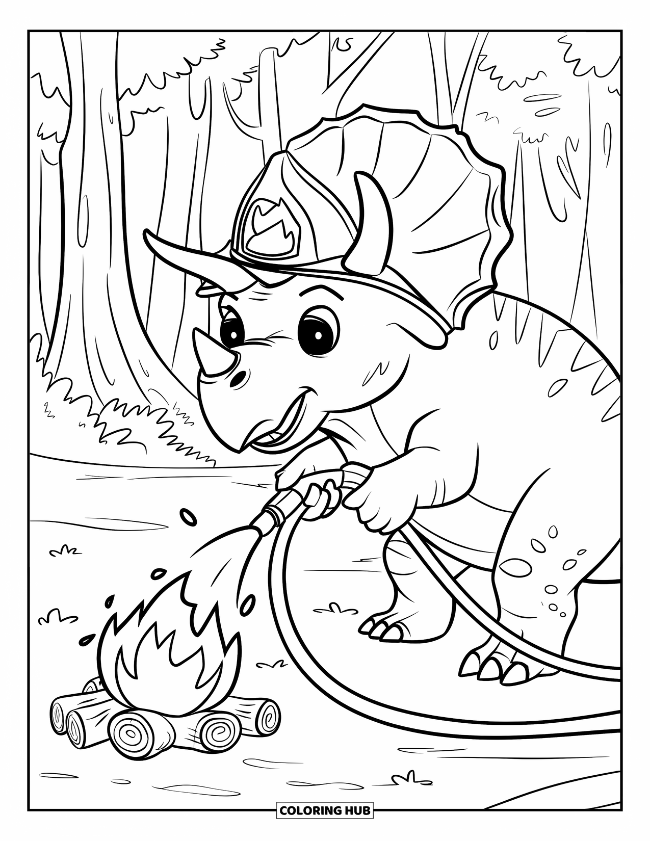 Dinosaurus Kleurplaat voor Kinderen: Een Triceratops met een helm spuit water op een klein vuur in een bos