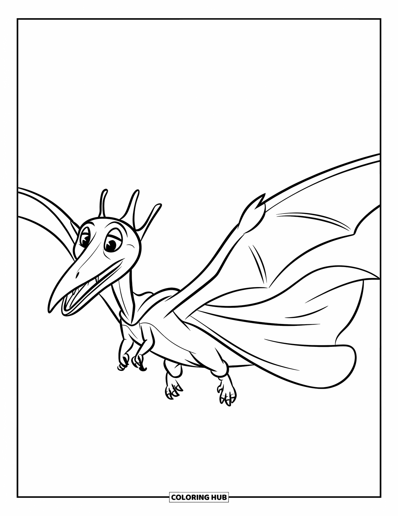 Dinosaur Kleurplaat voor Kinderen: Een heldhaftige Pteranodon spreidt zijn vleugels met een cape die achter hem wappert