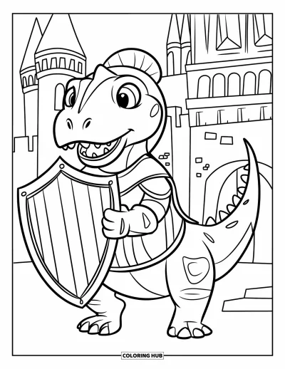 Dinoszaurusz kifestő gyerekeknek: Egy lovag Ankylosaurus játékosan megkocogtatja farkát, mint egy kardot, egy várnál