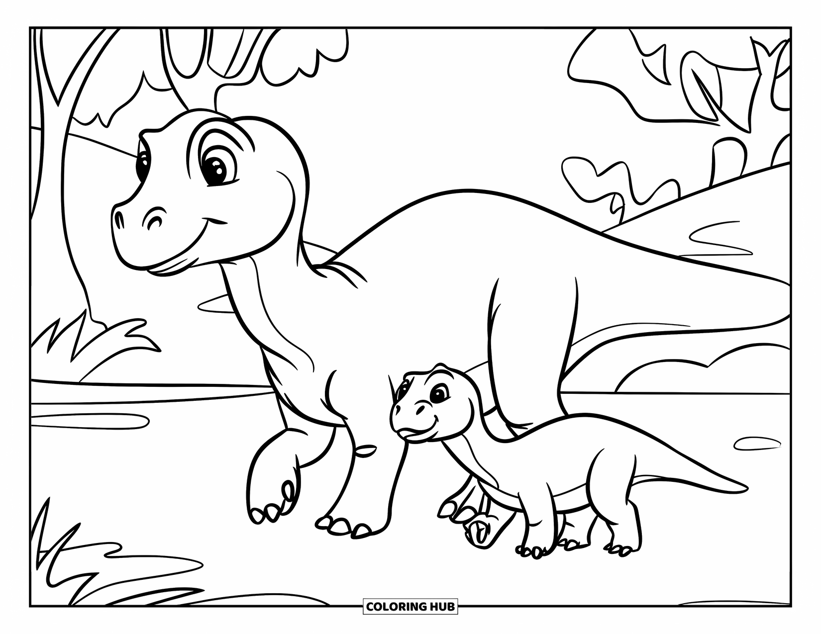 Dinosaurus Kleurplaat voor Kinderen: Een mama en baby dinosaurus wandelen zij aan zij langs bomen en heuvels