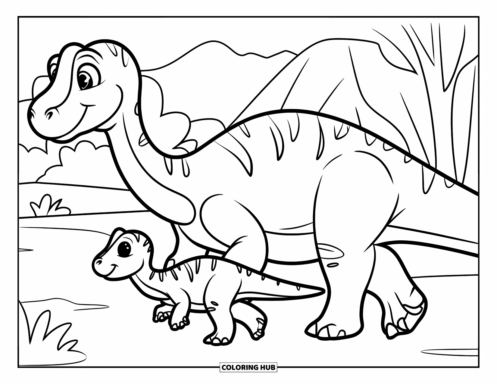 Dinosaurus Kleurplaat voor Kinderen: Een mama en baby dinosaurus lopen samen door een eenvoudig landschap