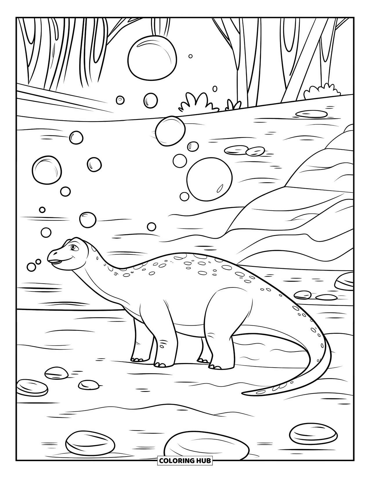 Dinosaur Kleurplaat voor Kinderen: Een Parasaurolophus blaast bellen bij een rivieroever met bomen en rotsen