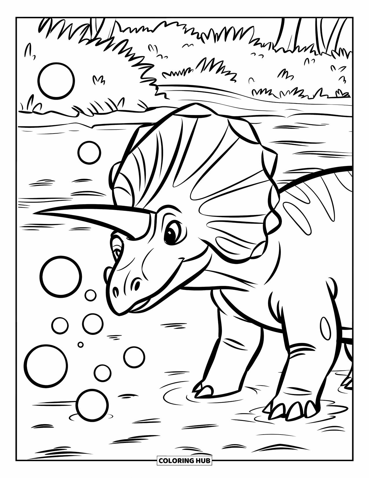 Dinosaurus Kleurplaat voor Kinderen: Een Parasaurolophus blaast vrolijk bellen bij een rivieroever