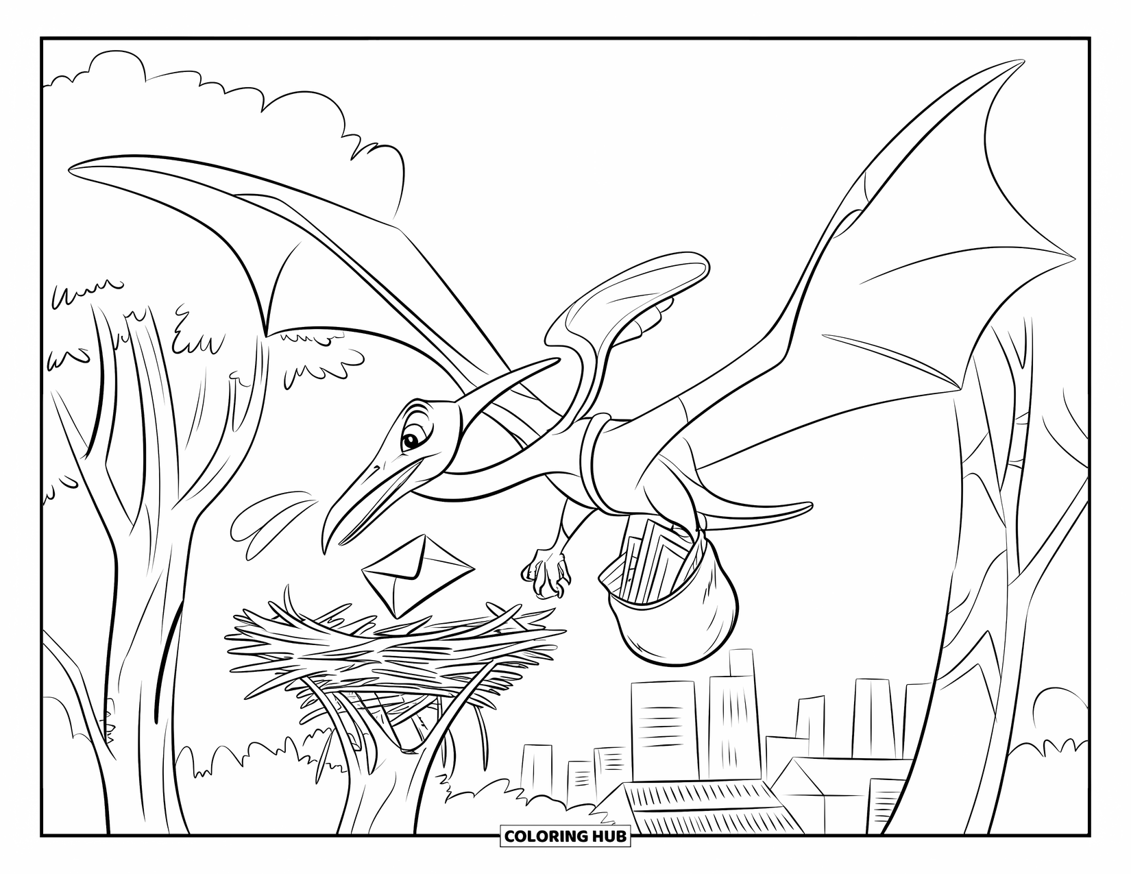 Dinosaurus Kleurplaat voor Kinderen: Een Pteranodon bezorgt brieven door ze in een nest te laten vallen