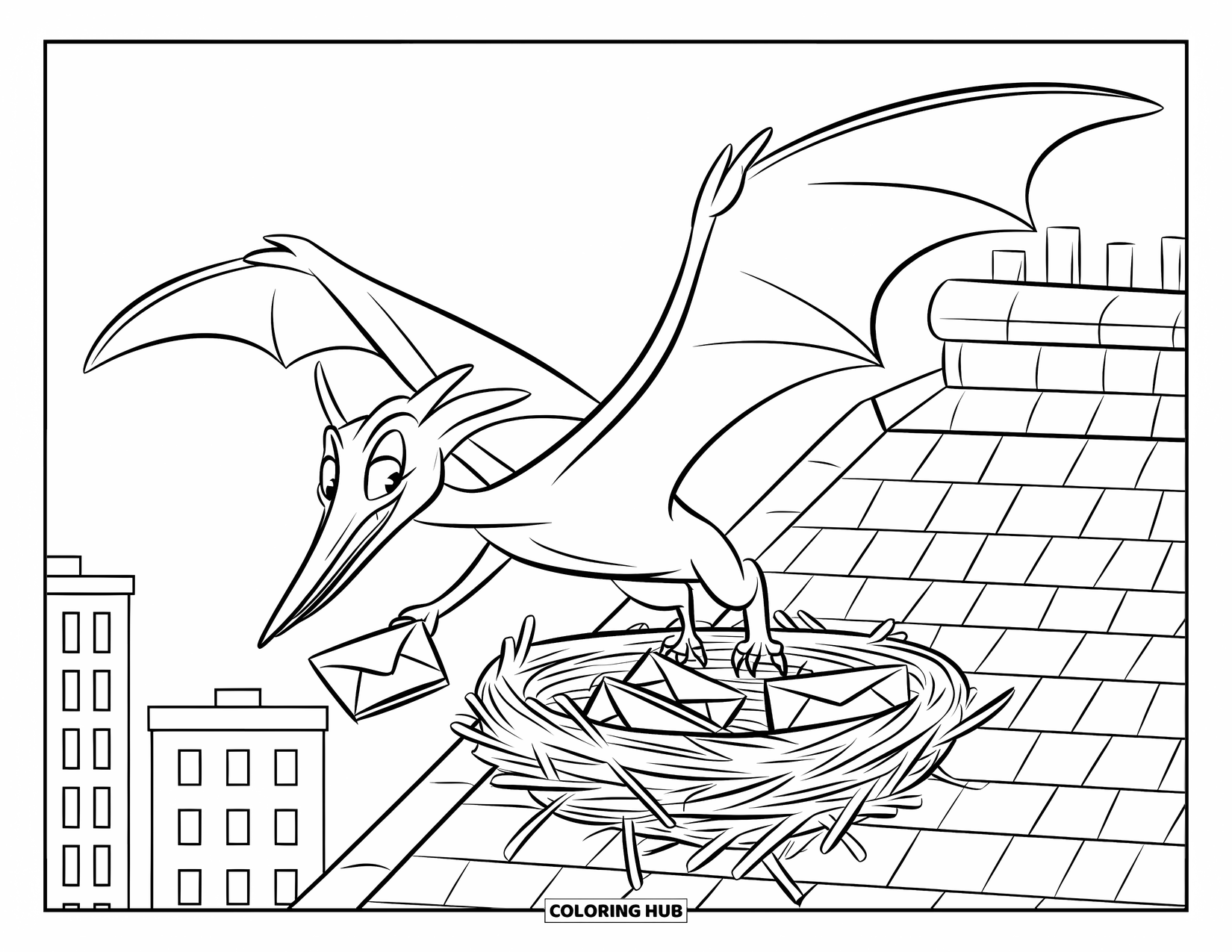 Dinosaurus Kleurplaat voor Kinderen: Een Pteranodon vliegt over een stad en bezorgt brieven bij een nest