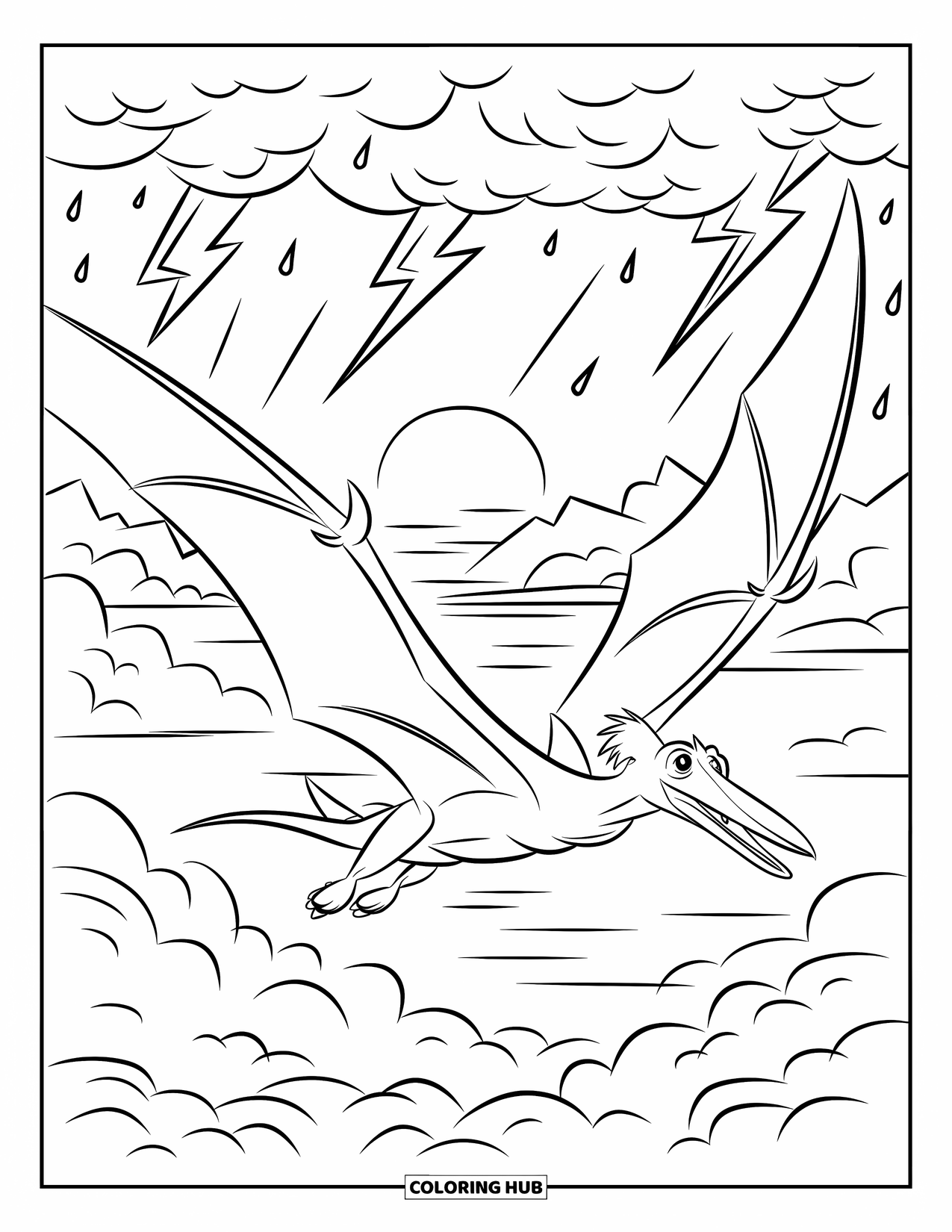 Dinosaurus Kleurplaat voor Kinderen: Een Pteranodon zweeft over donkere wolken met bliksem en bergen beneden