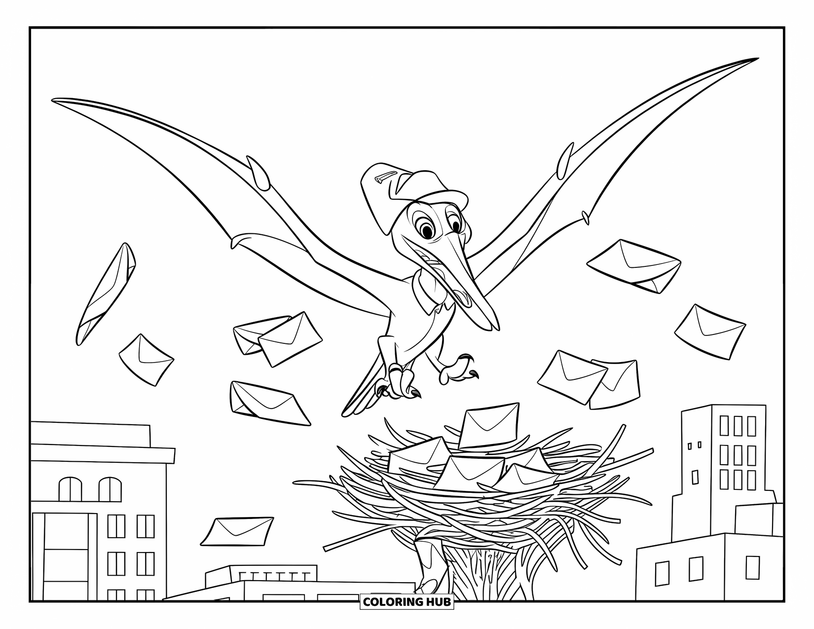 Dinosaur Kleurplaat voor Kinderen: Een Pteranodon in uniform bezorgt brieven boven een stad