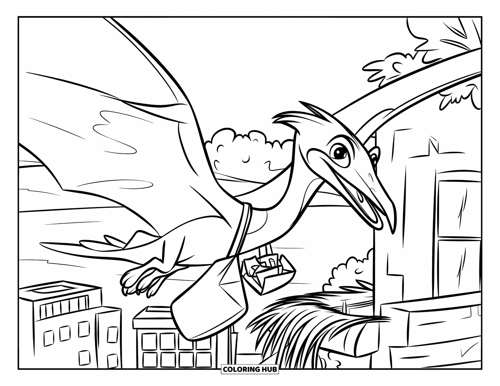 Dinosaurus Kleurplaat voor Kinderen: Een Pteranodon postbode laat een envelop in een nest op het dak vallen